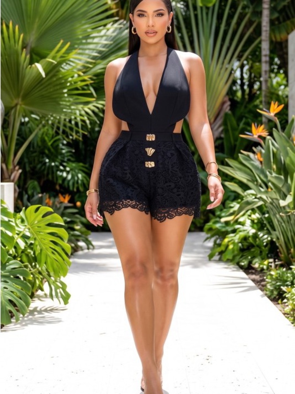 Black V-Neck Lace Trim Romper with Gold Accents A-67559-2CLR